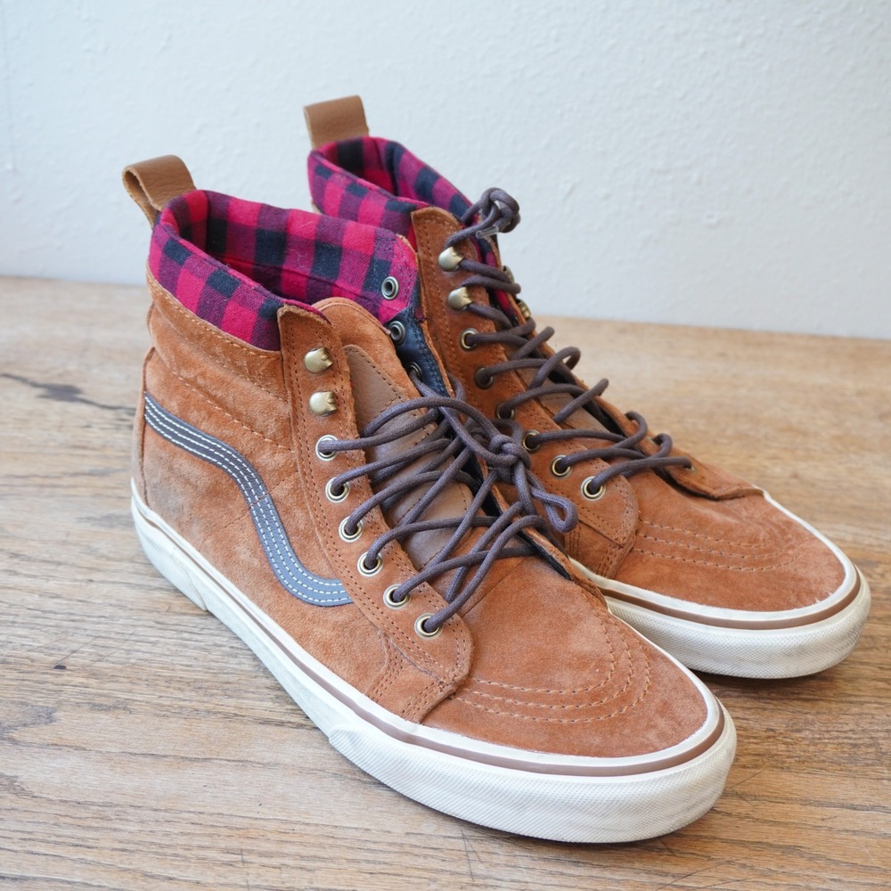 Vans Men's 11.5 High Top Sneakers Brown Suede Plaid Lining Fall Outdoor Casual